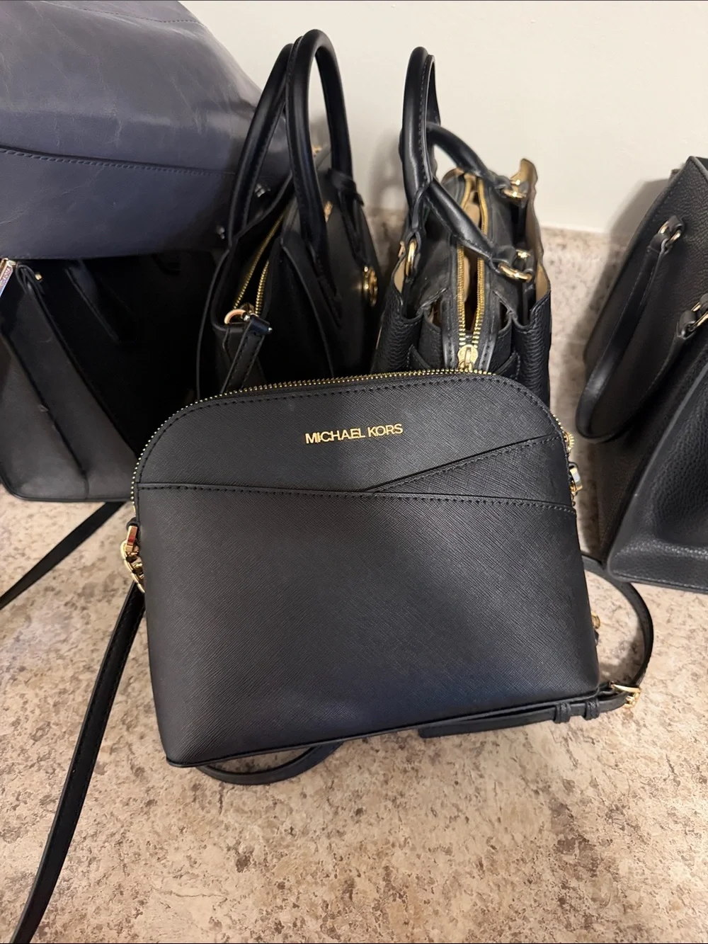 Michael Kors Black Saffiano Mini Dome Crossbody with Gold Hardware